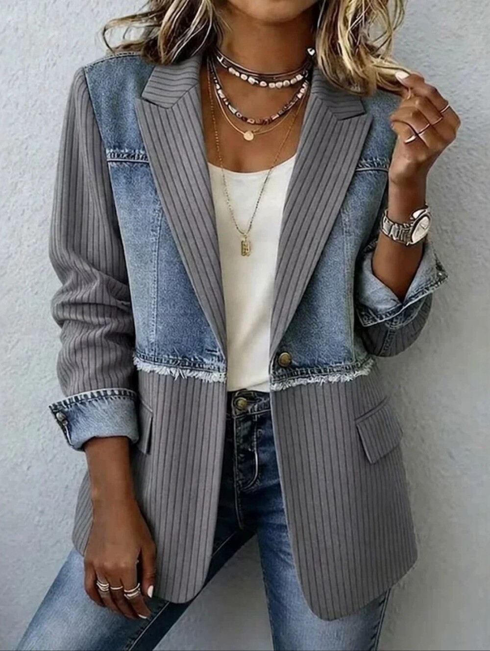 Light Blue Mixed-Media Denim Blazer Jacket - Picture 9 of 9